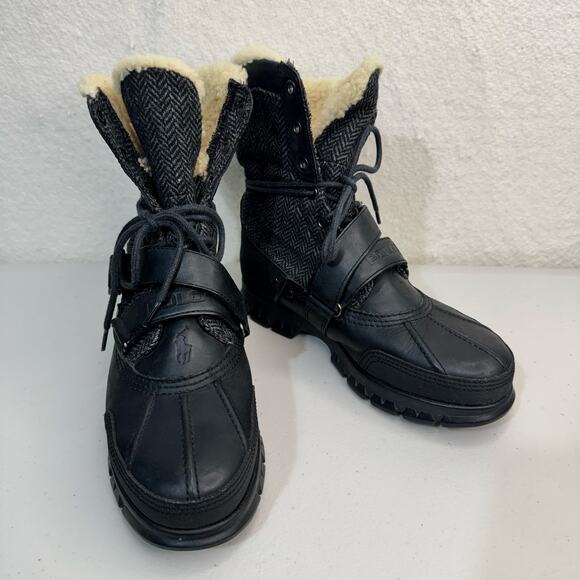 Polo Ralph Lauren Tavin Rollover Shearling Boots Black Leather Buckle Lace-Up 7D main image 6